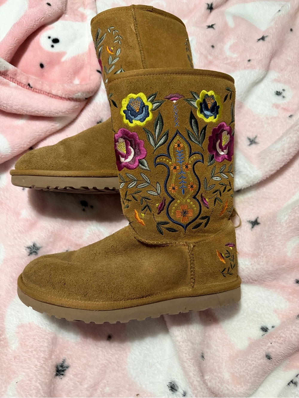 UGG Chestnut Suede Mid-Calf Boots with Colorful Floral Embroidery